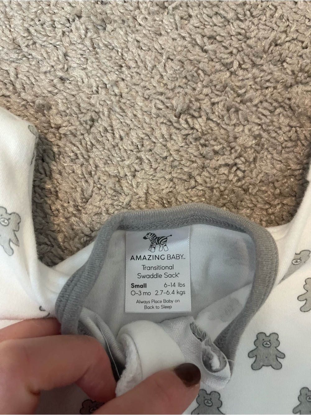 Neutral Bear-Print Zip Front Baby One-Piece Swaddle - Picture 2 of 5